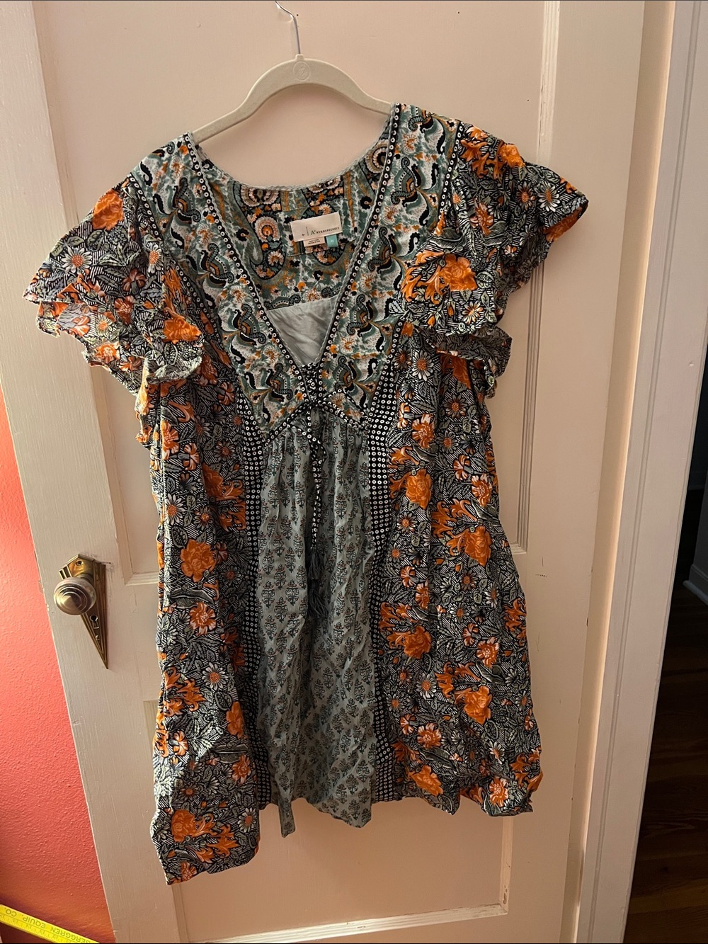 Anthropologie Floral Mini Dress in Teal and Orange